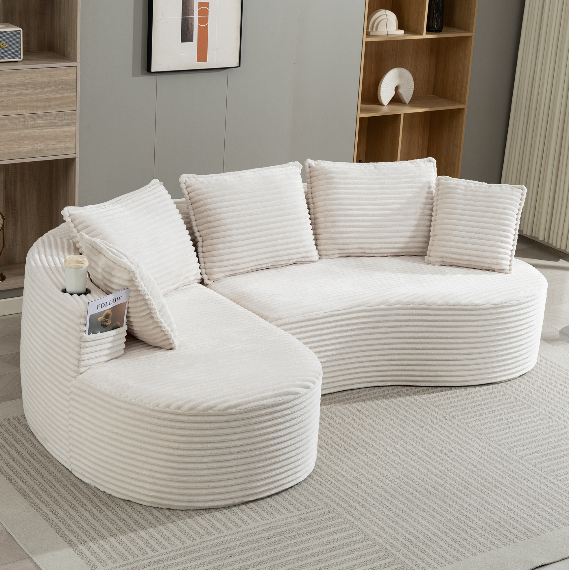 Canapé Courbé En Corduroy Beige Avec Porte-gobelets, Poche Latérale Et Coussins, Redom