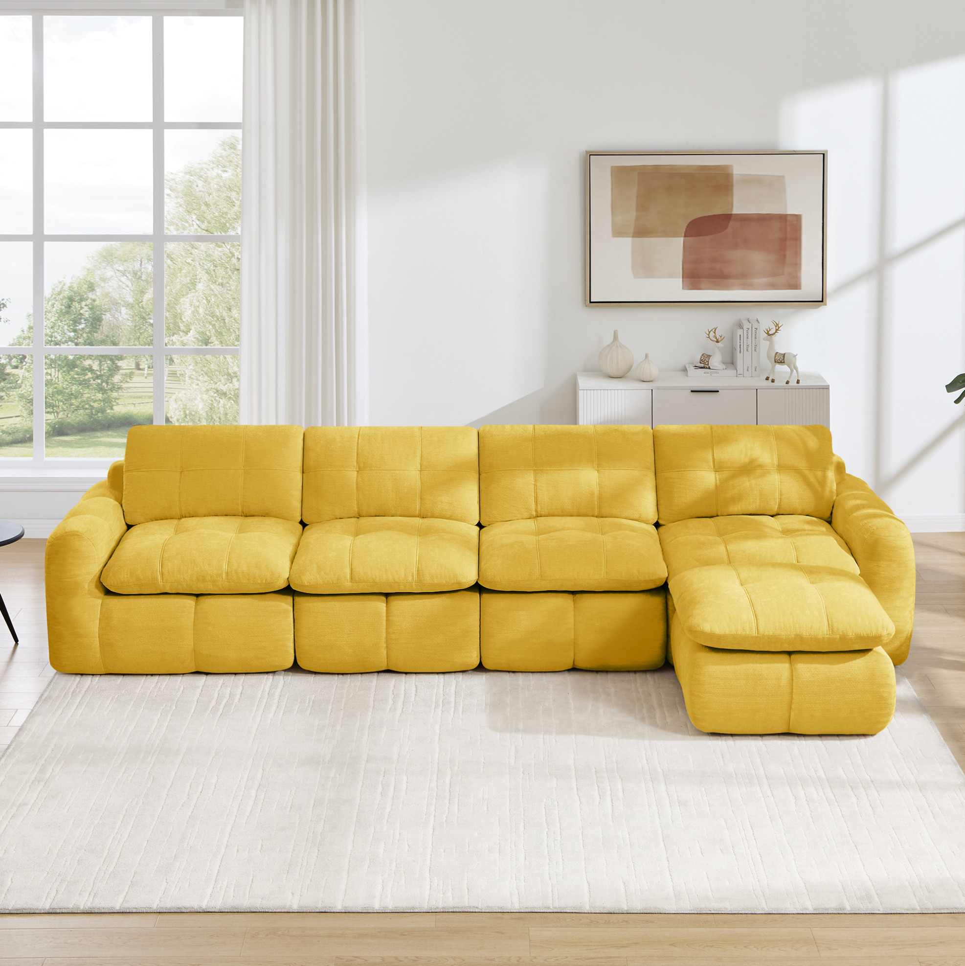 Canapé Modulable D'Angle 4 Places En L, Chenille Jaune, Avec Ottoman, 334 Cm