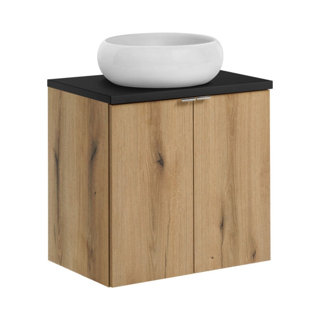 Ensemble Vano Aspect Chêne Et Noir 60cm: Meuble Sous Vasque À Placards + Plan Pour Vasque + Vasque À Poser Ronde Blanche