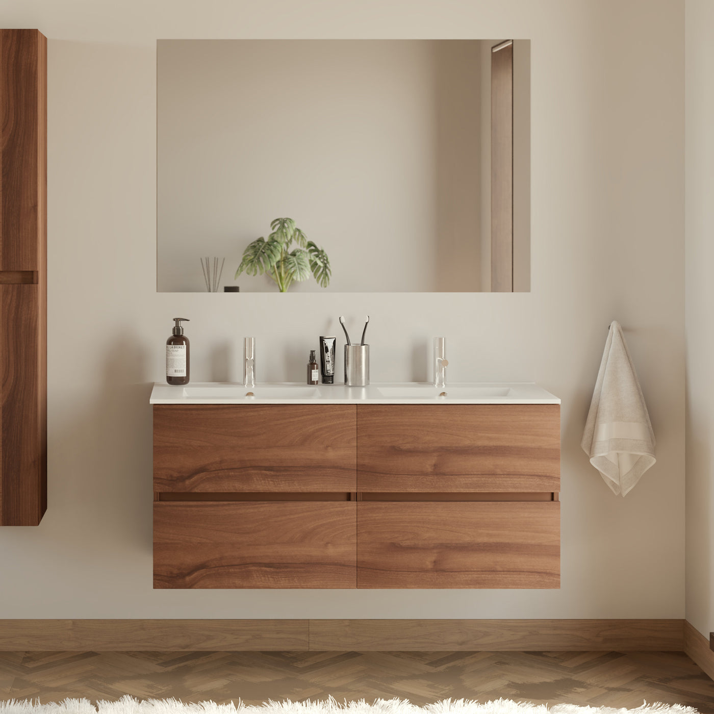 Meuble De Salle De Bain 120cm Double Vasque - 4 Tiroirs - Noyer (bois Foncé) - Ida