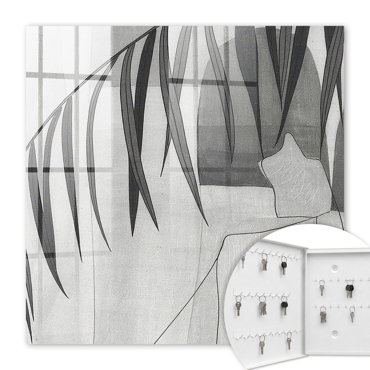 Armoire À Clés - (30 Cm X 30 Cm) - Boîte À Clés Murale - Coffret De Rangement Pour Clés - Couleur Blanche - Ouverture Vers La Gauche - Pour Maison Et Bureau - Feuilles Grises