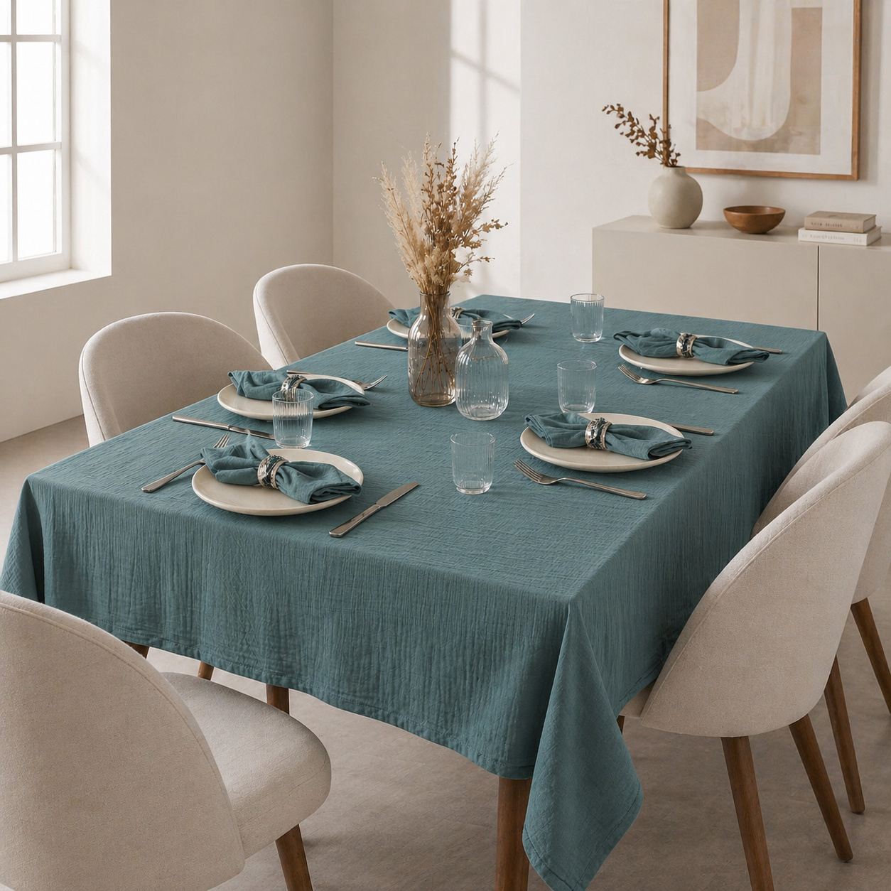Nappe Rectangle 150 X 250 Cm + 6 Serviettes De Table - Double Gaze De Coton Gaïa Canard