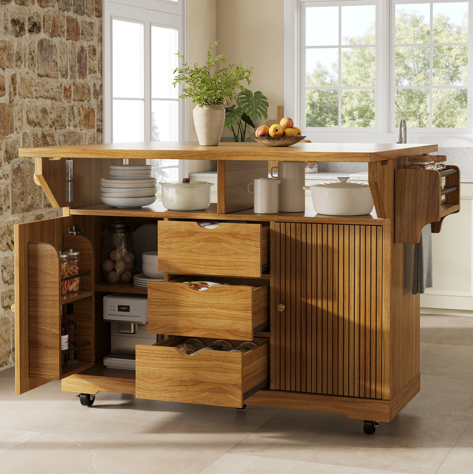 Chariot De Cuisine Avec Rallonges Rabattables, Hauteur 95 Cm, 3 Tiroirs, Mdf Brun Foncé, Redom