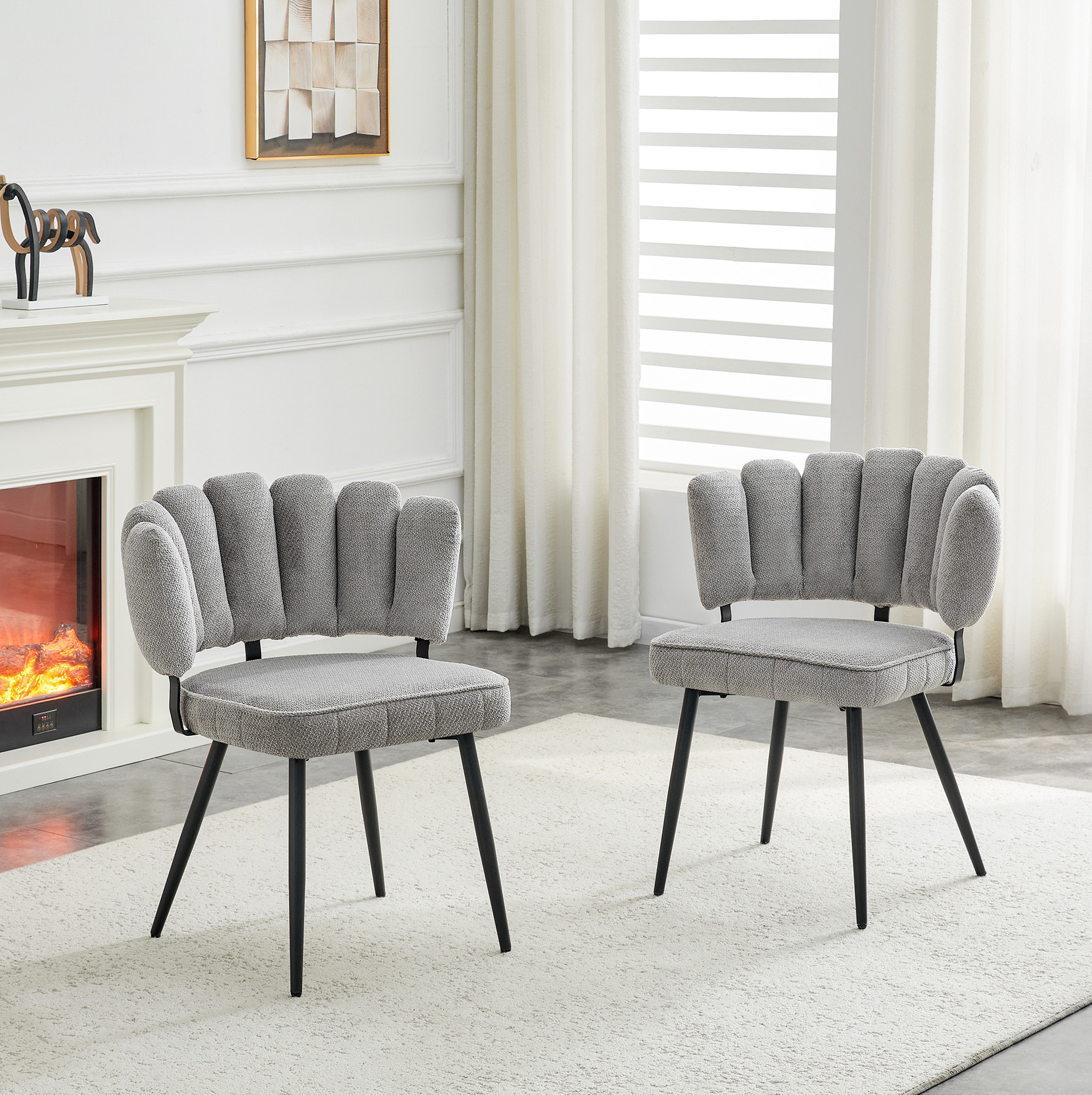 Redom - Lot De 2 Chaises De Salle À Manger, Dossier En Éventail, Assise Rembourrée, Tissu Texturé Gris Clair, Pieds En Métal Noir