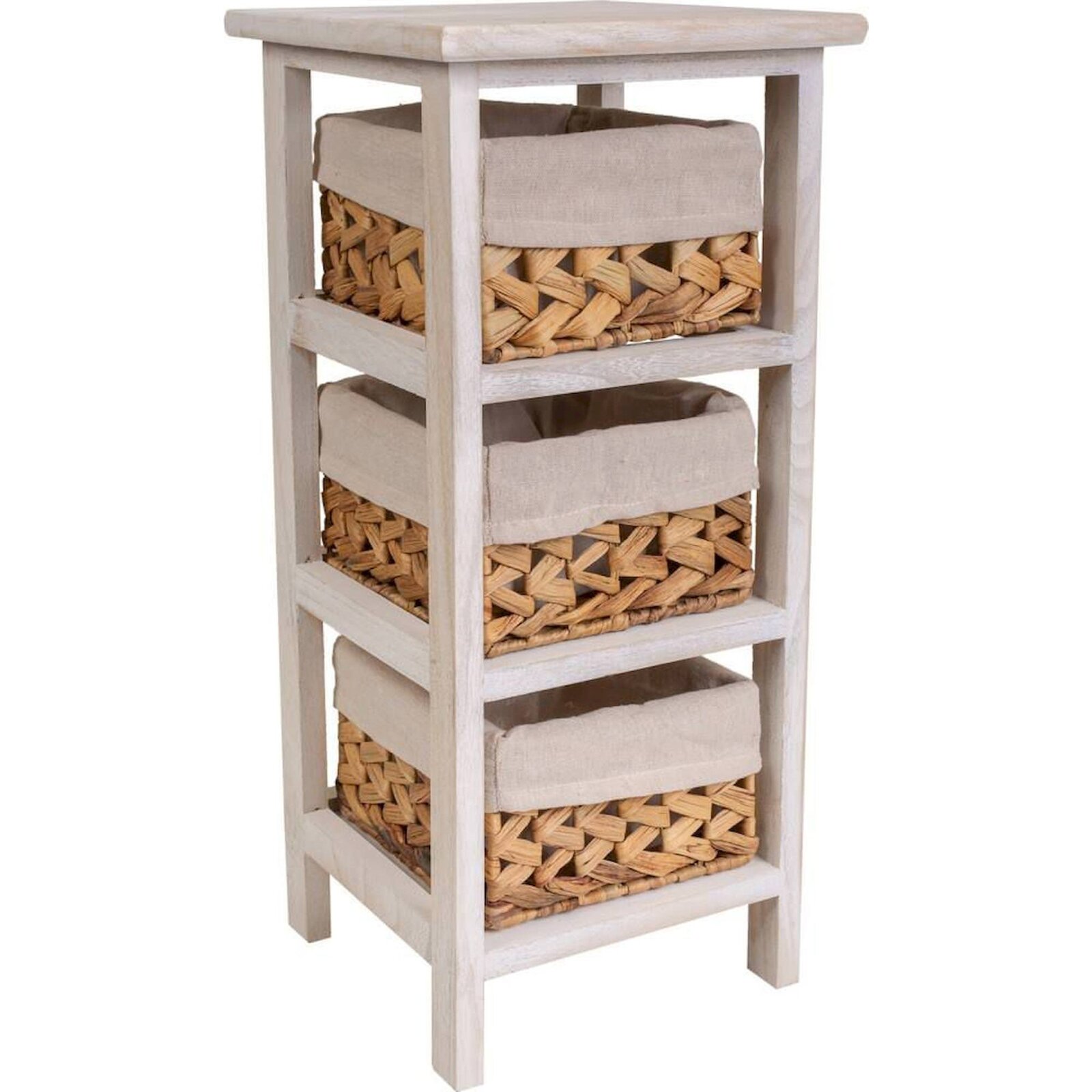 Table De Chevet Bois Et Paniers En Jacinthe Style Vintage - Blanc Antique Et Naturel Tressé