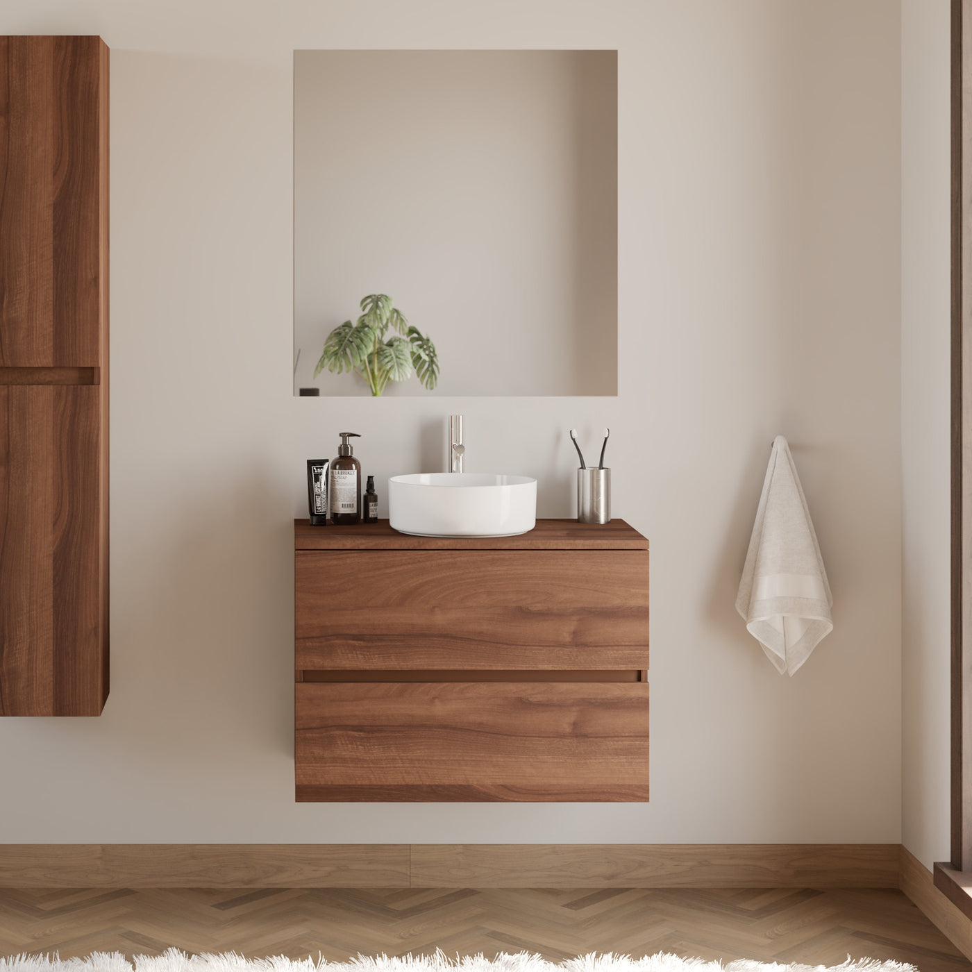 Meuble De Salle De Bain 60cm Avec Plateau Et Vasque À Poser Ronde - 2 Tiroirs - Noyer (bois Foncé) - Ida