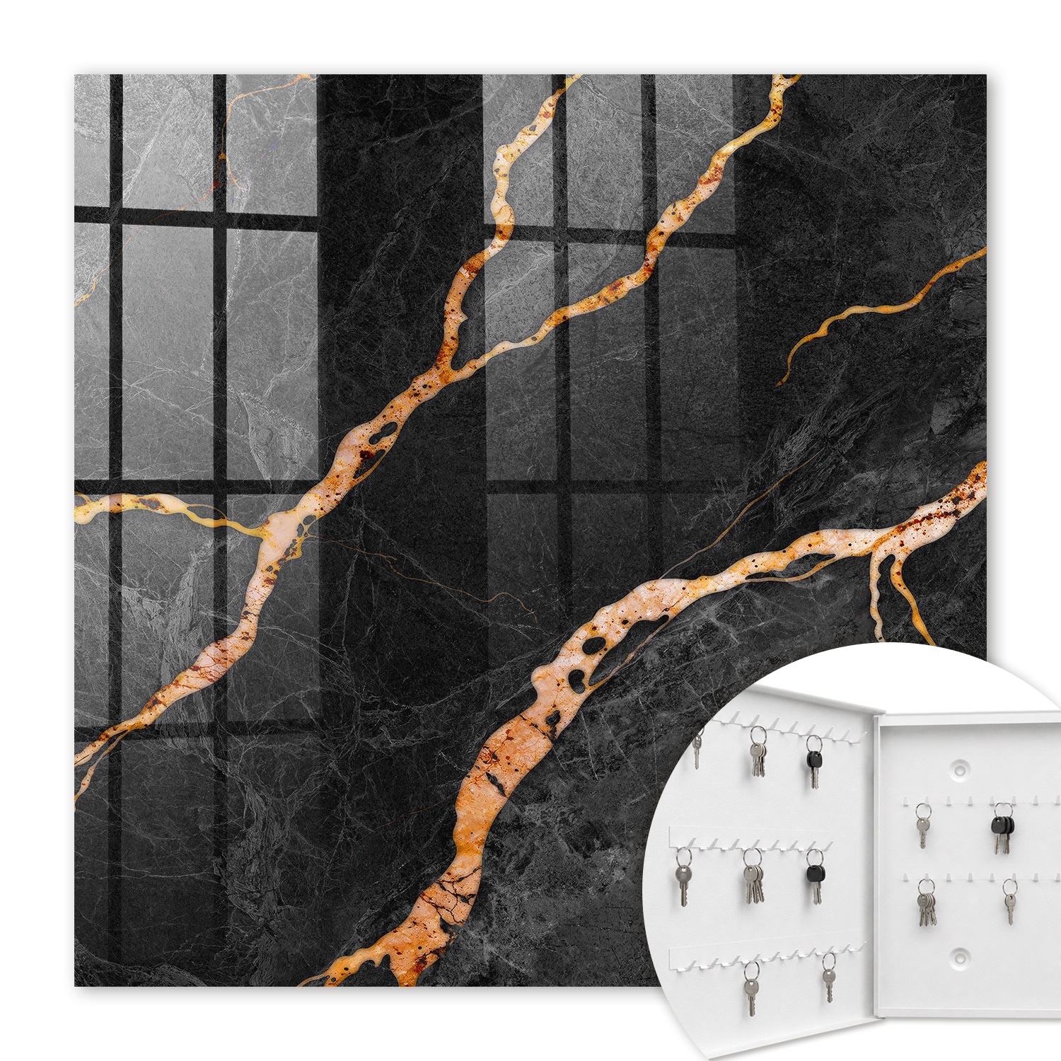 Armoire À Clés - (30 Cm X 30 Cm) - Boîte À Clés Murale - Coffret De Rangement Pour Clés - Couleur Blanche - Ouverture Vers La Gauche - Pour Maison Et Bureau - Pierre Noire Et Orange