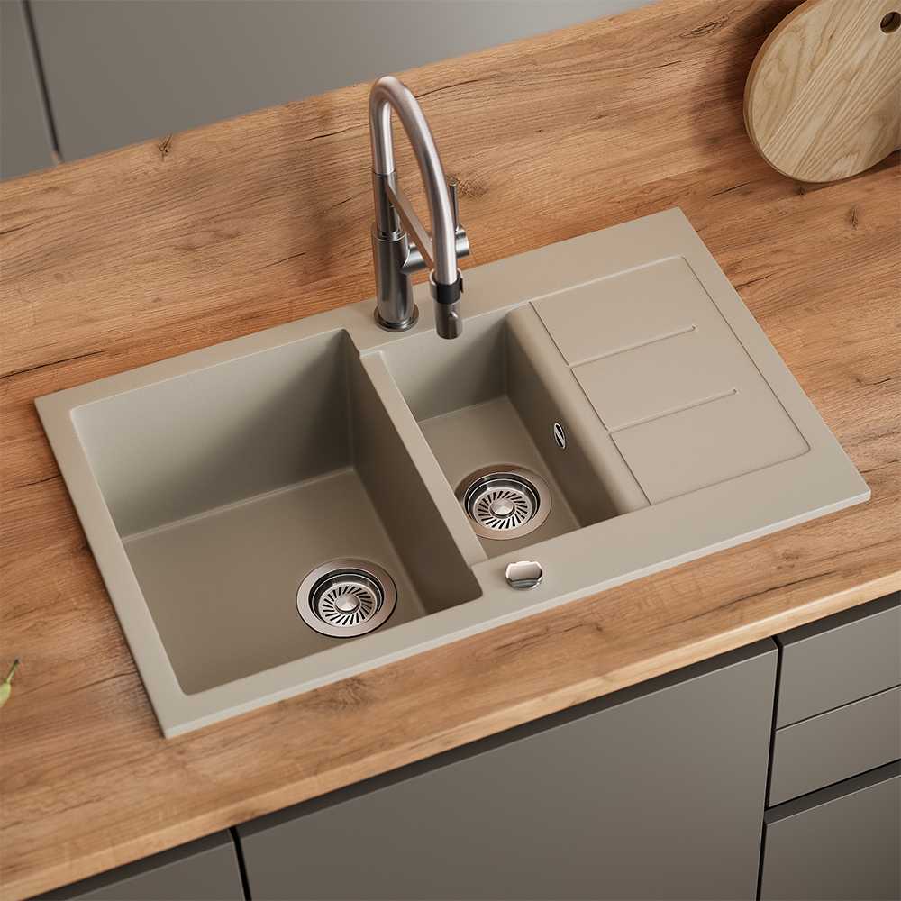Evier Seattle, Beige, 80x50cm Avec 2 Éviers Et Espace De Séchage, Bergström