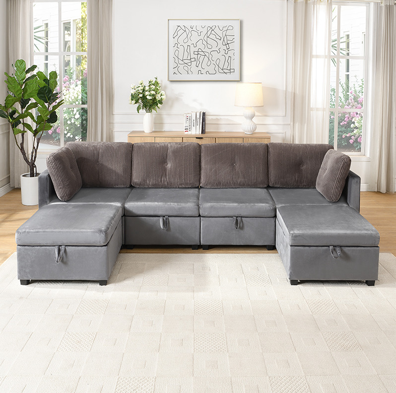 Canapé Modulable En U 6 Places Avec Rangement, Velours Et Cordon, Gris, Redom