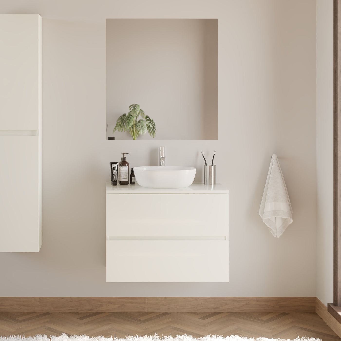 Meuble De Salle De Bain 60cm Avec Plateau Et Vasque À Poser Arrondie - 2 Tiroirs - Blanc Brillant - Ida