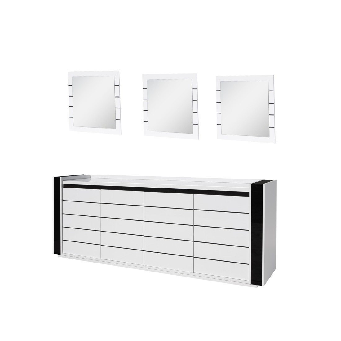 Meublorama - Buffet Moderne Lina Avec Led - 220 Cm Largeur X 87 Cm Hauteur X 50 Cm Profondeur - 3 Miroirs Carrés Blanc Et Noir - Rangement Spacieux
