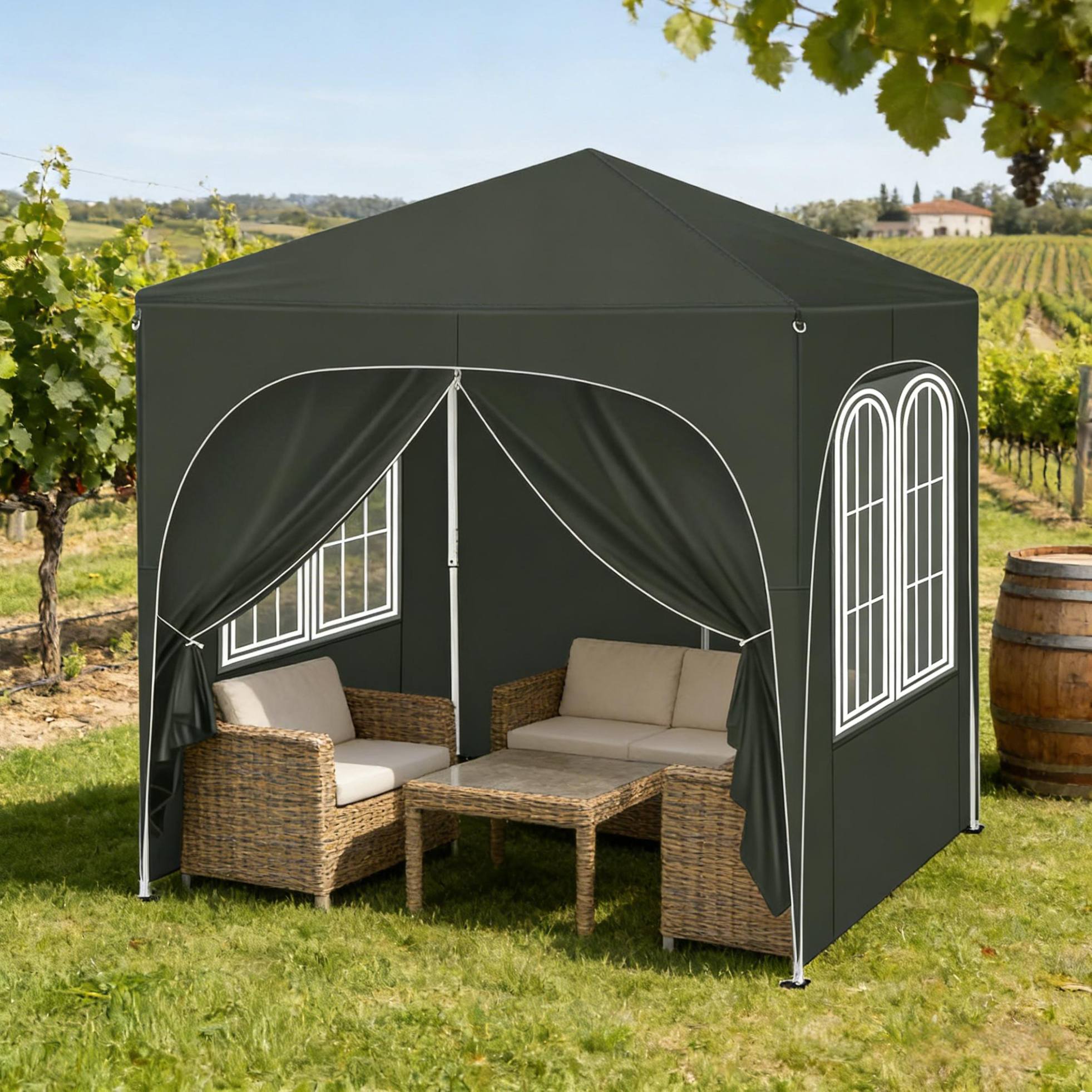 Pabellón Plegable 200x200x232 Cm, Estructura Metálica Con Techo Impermeable Y Protección Uv, Gris