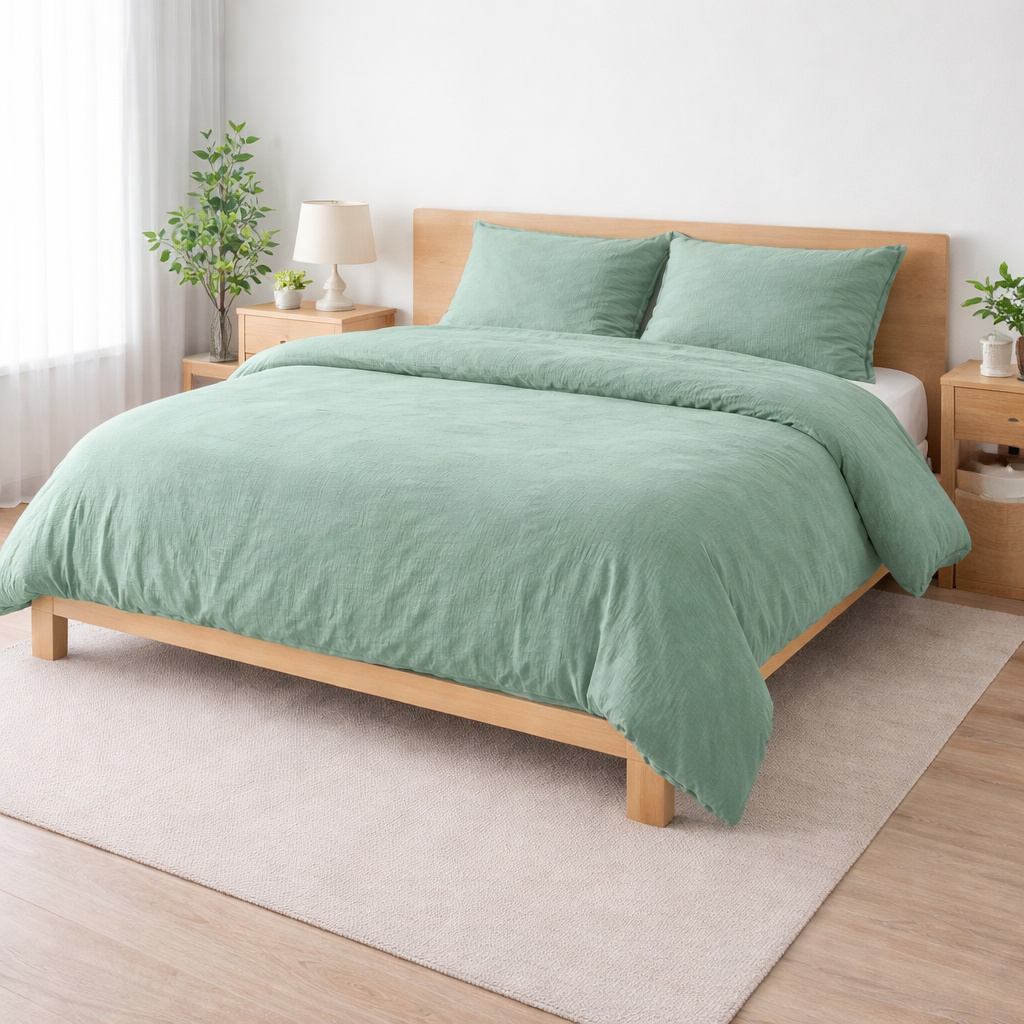 Parure De Lit 260 X 240 Cm Sienna Sauge + 2 Taies 63x63 Cm - Double Face Gaze De Coton & Coton 57 Fils