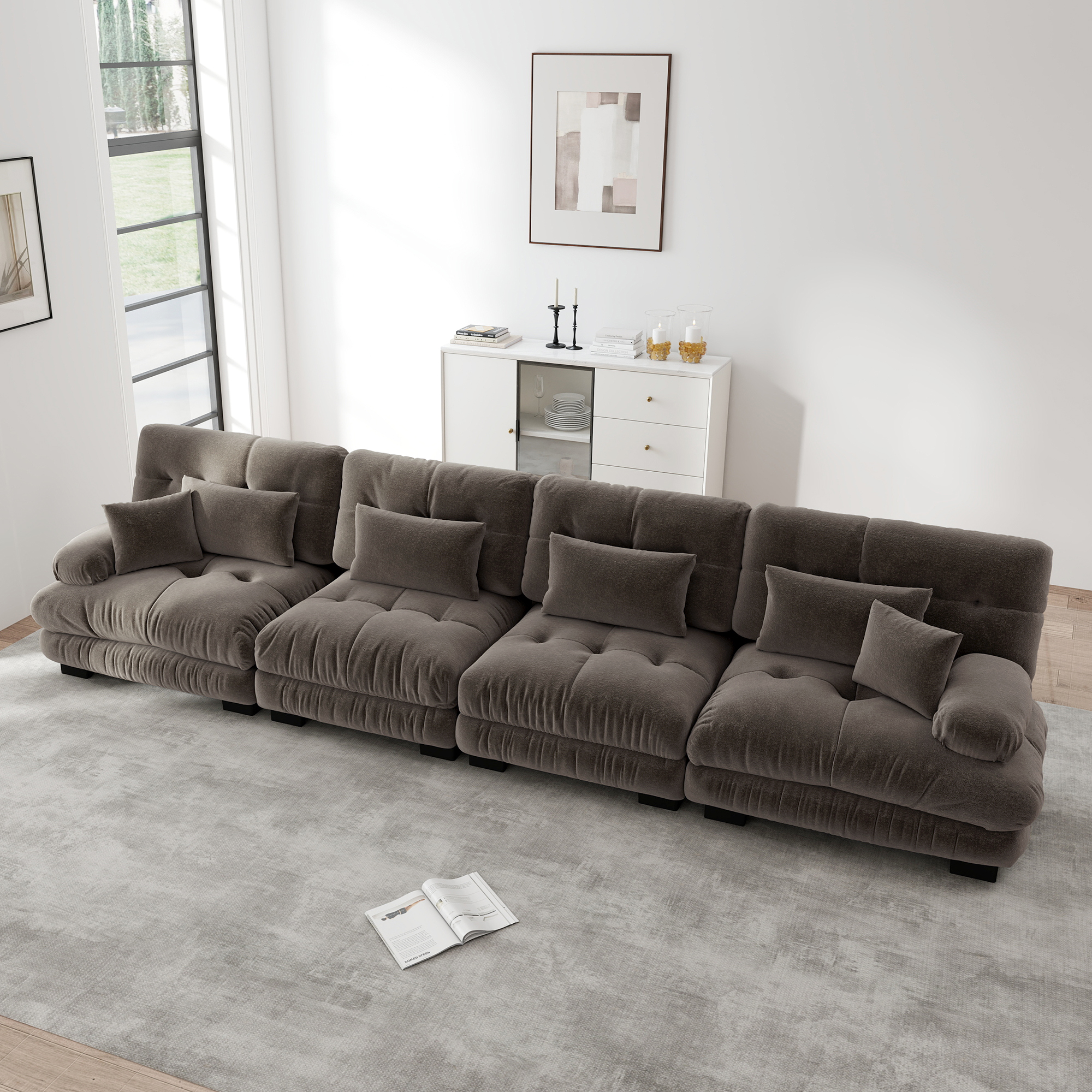 Redom Canapé 4 Places Modulaire, Assise Profonde, Accoudoirs Ronds Rembourrés, Coussins Confort, Chenille Vintage Marron