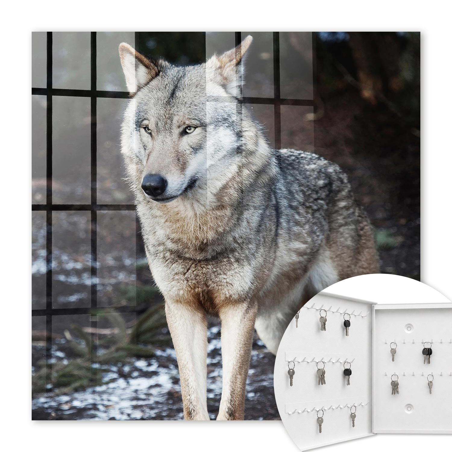 Armoire À Clés - (30 Cm X 30 Cm) - Boîte À Clés Murale - Coffret De Rangement Pour Clés - Couleur Blanche - Ouverture Vers La Gauche - Pour Maison Et Bureau - Loup Dans La Forêt