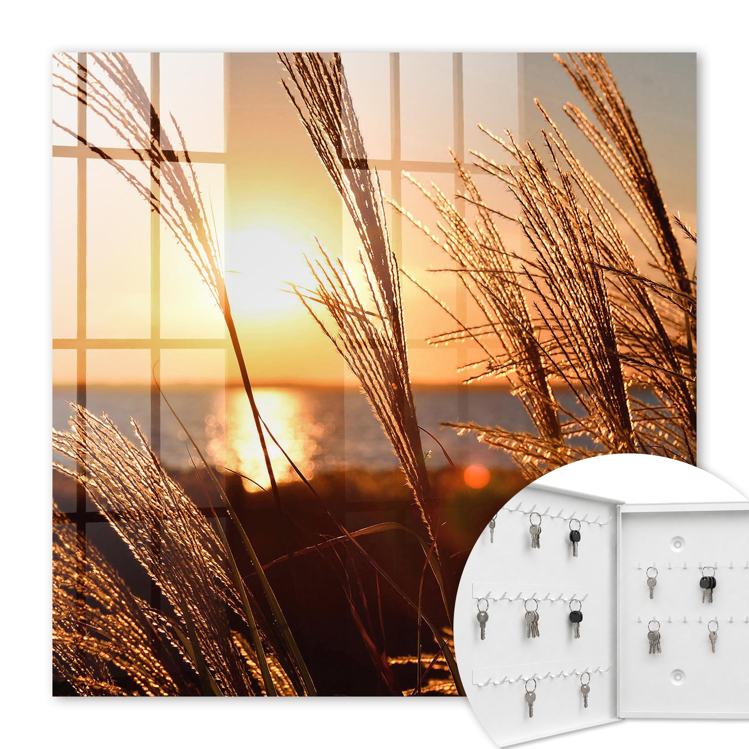 Armoire À Clés - (30 Cm X 30 Cm) - Boîte À Clés Murale - Coffret De Rangement Pour Clés - Couleur Blanche - Ouverture Vers La Gauche - Pour Maison Et Bureau - Coucher De Soleil