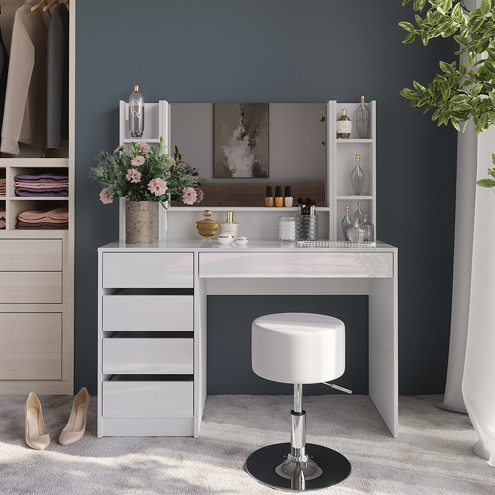 Coiffeuse Sherry, Blanc/blanc Haute Brillance, 119.8cm Avec Miroir Et Tabouret, Vicco