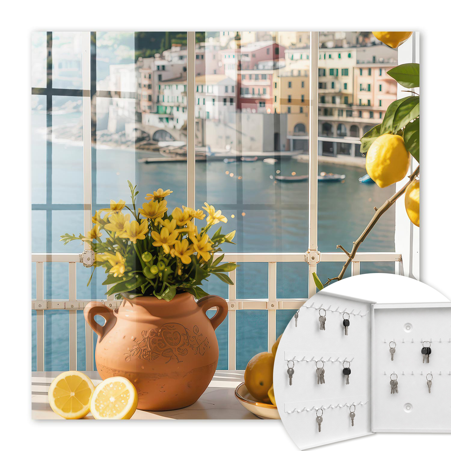 Armoire À Clés - (30 Cm X 30 Cm) - Boîte À Clés Murale - Coffret De Rangement Pour Clés - Couleur Blanche - Ouverture Vers La Gauche - Pour Maison Et Bureau - Paysages De Vacances