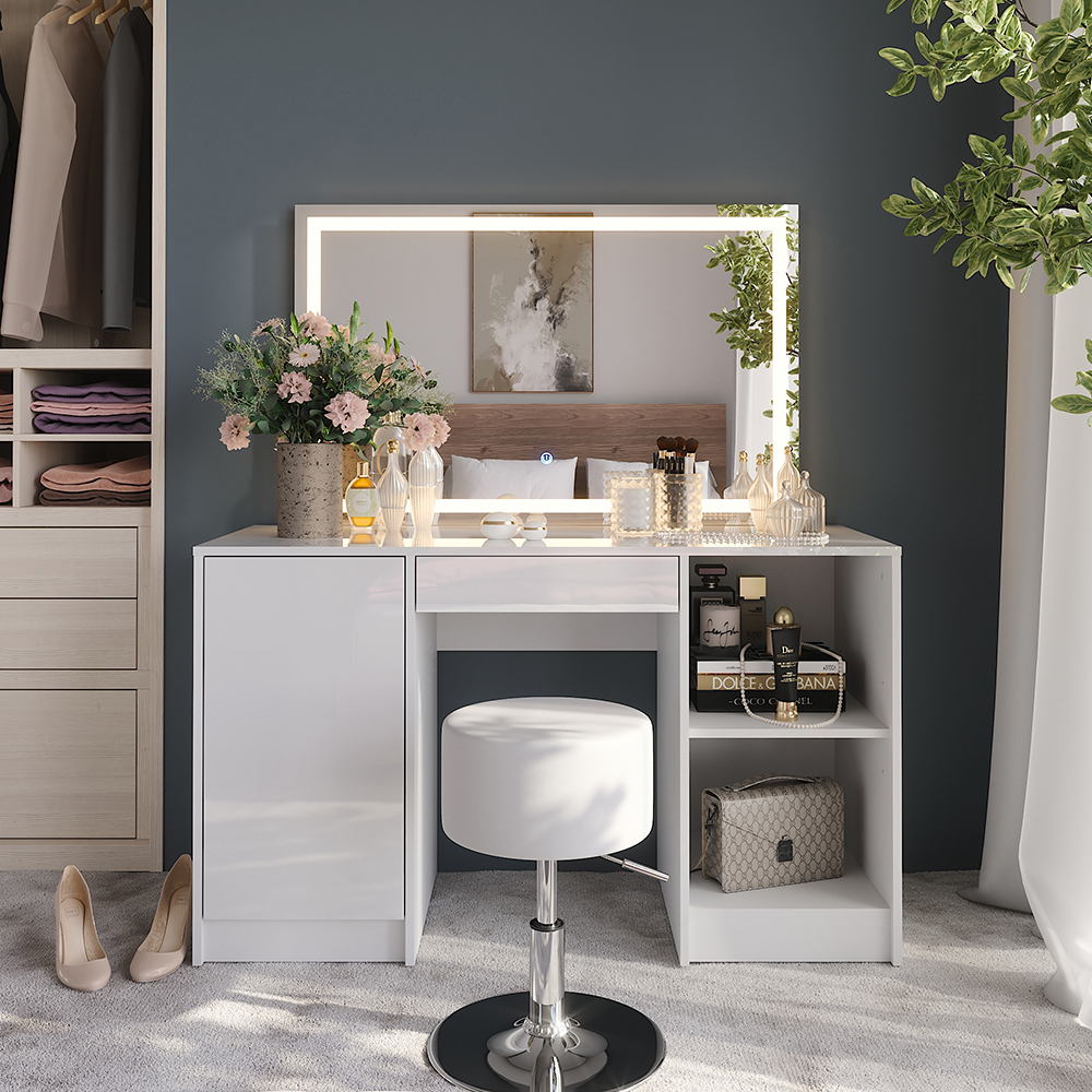 Coiffeuse Sherry, Blanc/blanc Haute Brillance, 128.2cm Avec Miroir Led Et Tabouret, Vicco