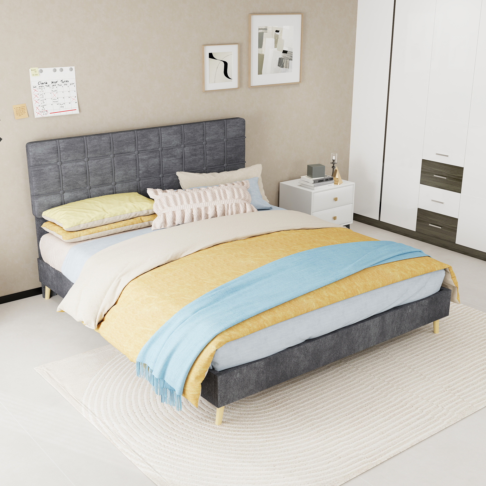 Cama Tapizada (205x160x104 Cm), Cabecero Acolchado De Cuadros, Estructura De Madera Maciza, Terciopelo Gris