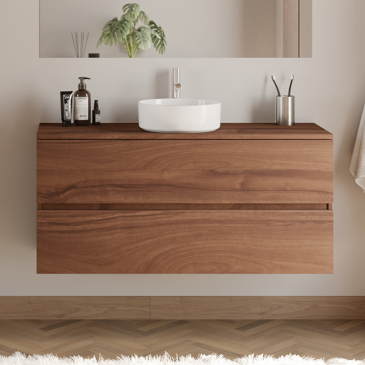 Meuble De Salle De Bain 120cm Avec Plateau Et Vasque À Poser Ronde - 2 Tiroirs - Sans Miroir - Noyer (bois Foncé) - Ida