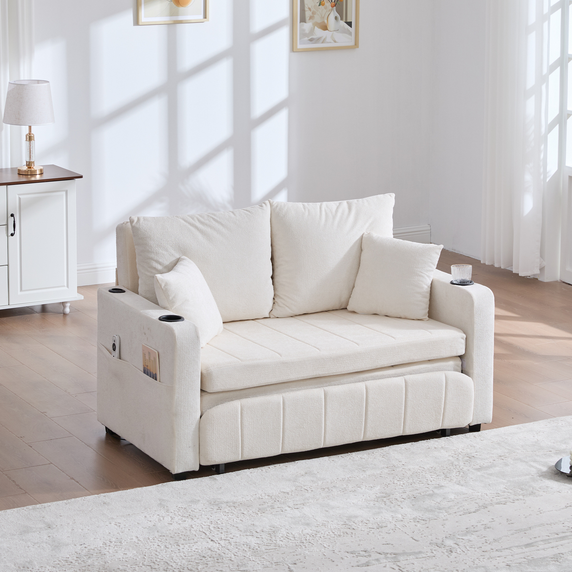 Canapé-lit Multifonction En Chenille Beige, Convertible, Avec Poches, Porte-gobelets, Usb, Redom