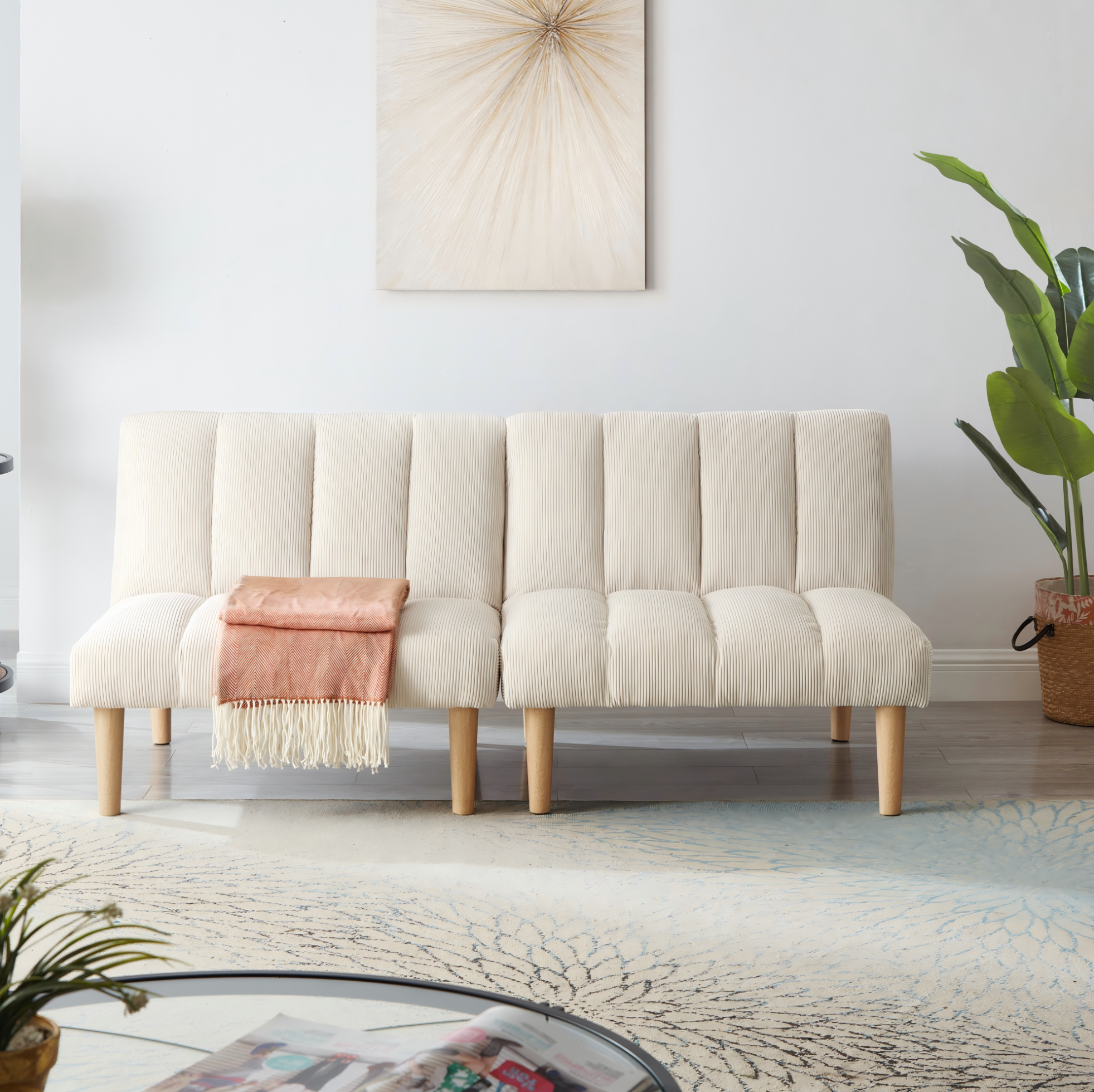 Sofá Cama De 2 Plazas, Respaldo Reclinable En 3 Posiciones, Tejido De Corduroy Beige