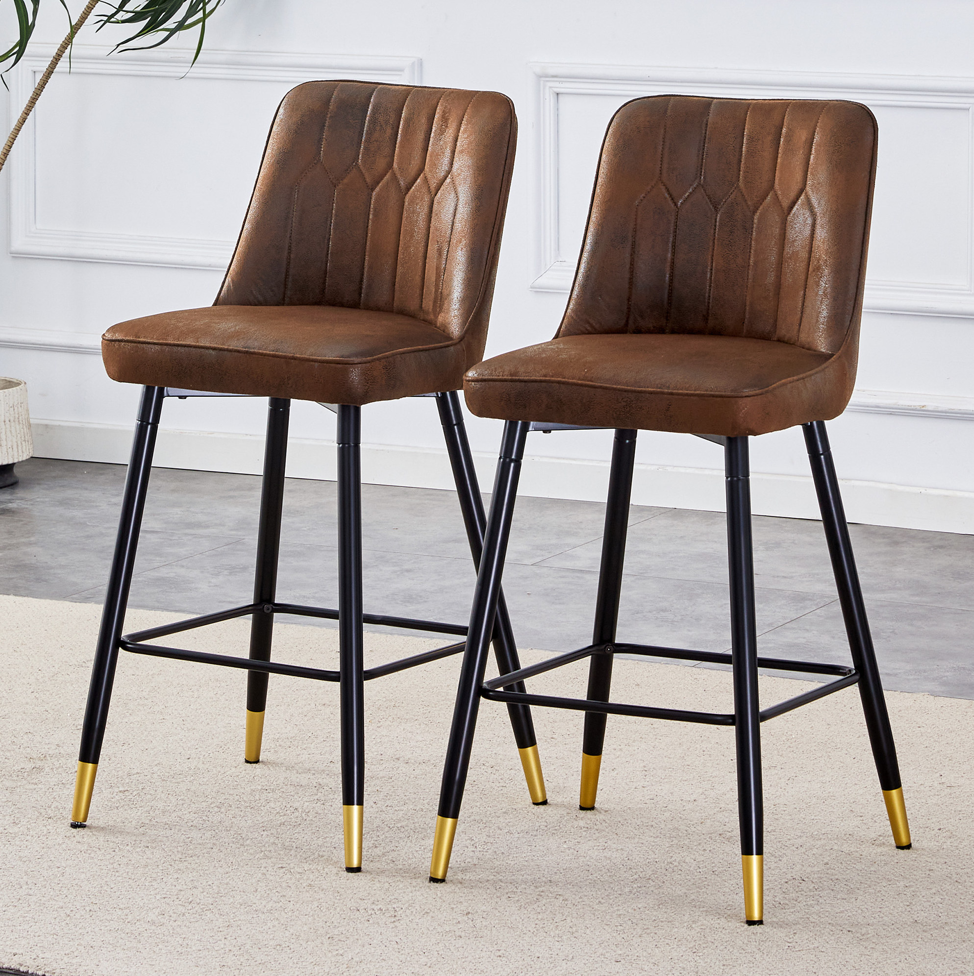 Redom - Lot De 2 Tabourets De Bar, Dossier Ergonomique, Repose Pieds Pratique, Tissu Et Métal Marron Et Noir