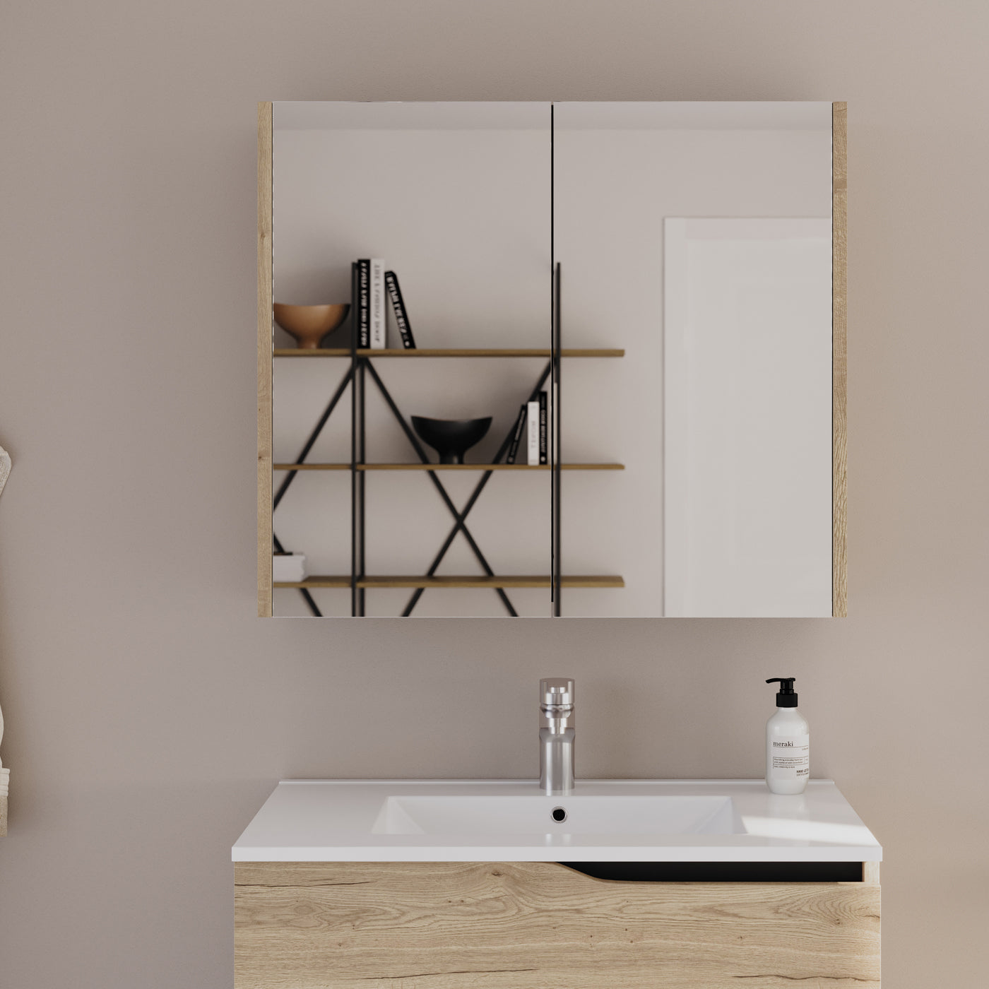 Armoire De Toilette Miroir 80x70cm - Madera Miel (chêne Clair) - Mirano