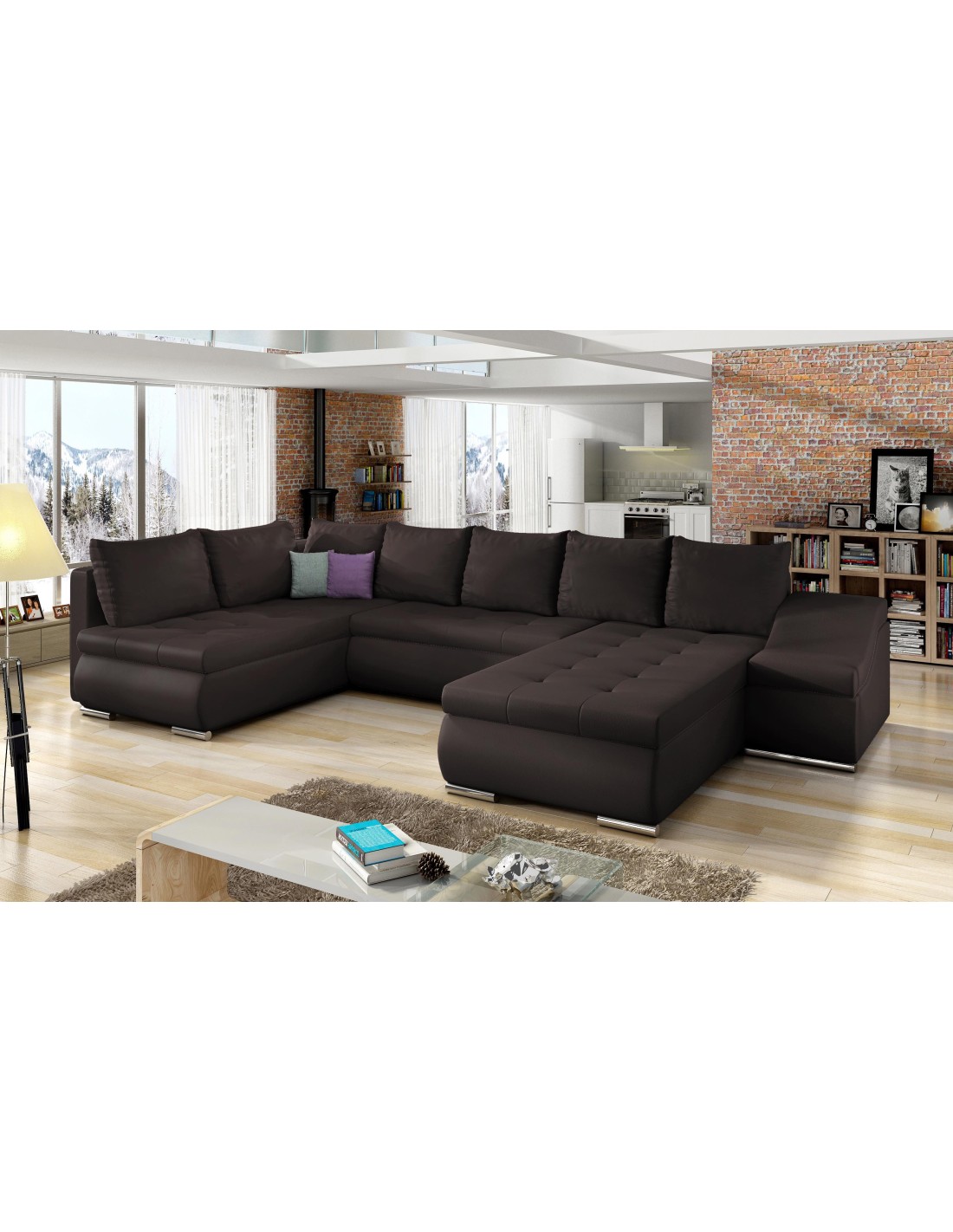 Canapé Panoramique Gyovani Chocolat Angle Droit Convertible Avec Coffre