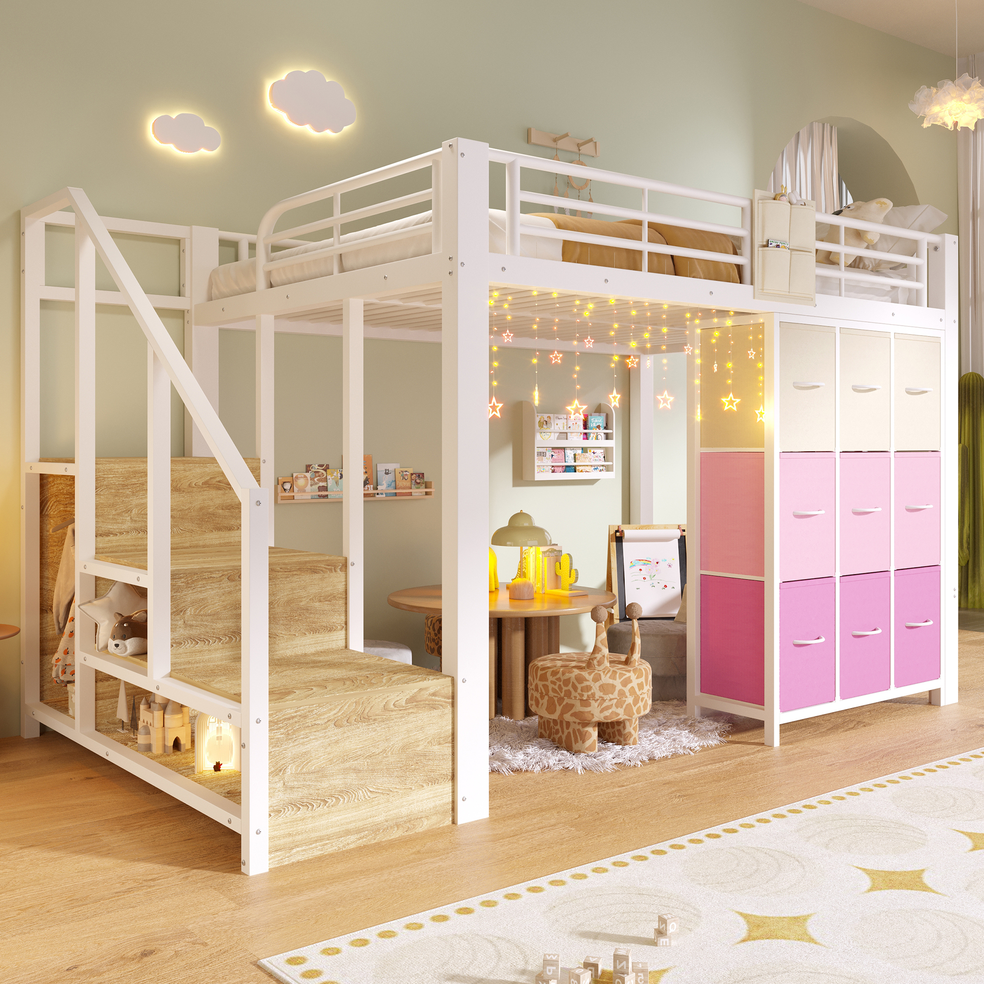 Redom Lit Mezzanine 140×200 Cm, Avec Commode, Escalier Avec Rangement, Penderie, Métal Et Mdf Blanc (sans Matelas)