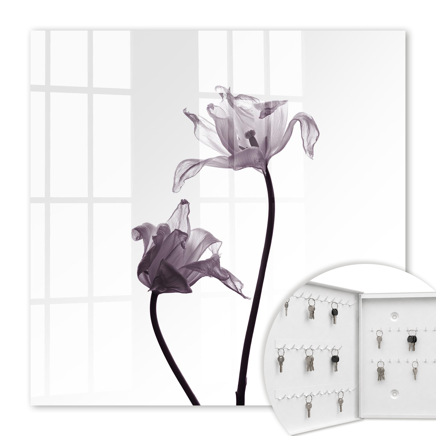 Armoire À Clés - (30 Cm X 30 Cm) - Boîte À Clés Murale - Coffret De Rangement Pour Clés - Couleur Blanche - Ouverture Vers La Gauche - Pour Maison Et Bureau - Fleurs Minimalistes