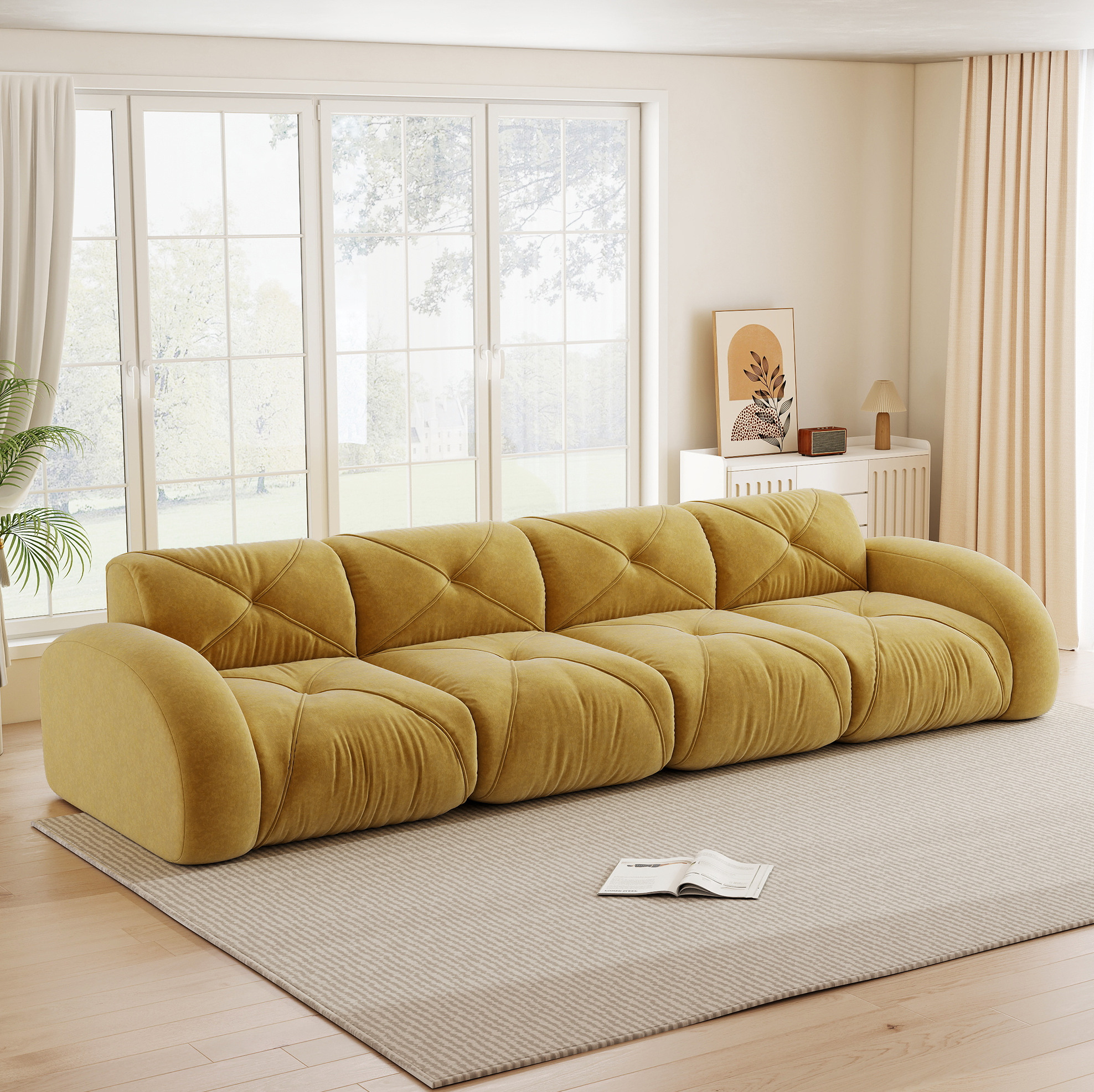 Canapé Modulable 4 Places Sans Cadre En Chenille Jaune, 358 X 95 X 76 Cm, Redom