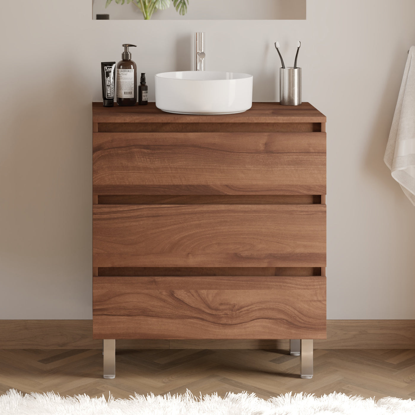 Meuble De Salle De Bain 60cm Avec Plateau Et Vasque À Poser Ronde - 3 Tiroirs - Sans Miroir - Noyer (bois Foncé) - Mayor