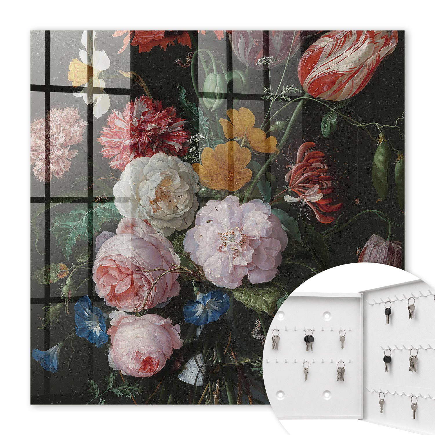 Armoire À Clés - (30 Cm X 30 Cm) - Boîte À Clés Murale - Coffret De Rangement Pour Clés - Couleur Blanche - Ouverture Vers La Droite - Pour Maison Et Bureau - Un Bouquet De Fleurs