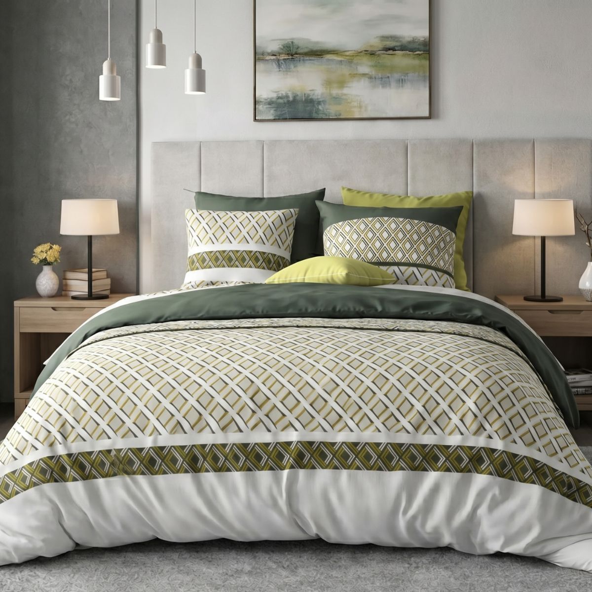 Parure Housse De Couette 260x240cm + 2 Taies Motif Géométrique Vert 100% Coton - Ayana