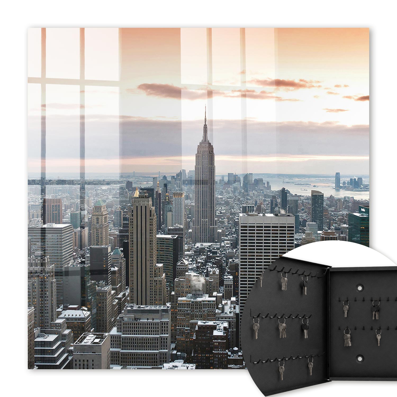 Armoire À Clés - (30 Cm X 30 Cm) - Boîte À Clés Murale - Coffret De Rangement Pour Clés - Couleur Noire - Ouverture Vers La Gauche - Pour Maison Et Bureau - Panorama De La Ville