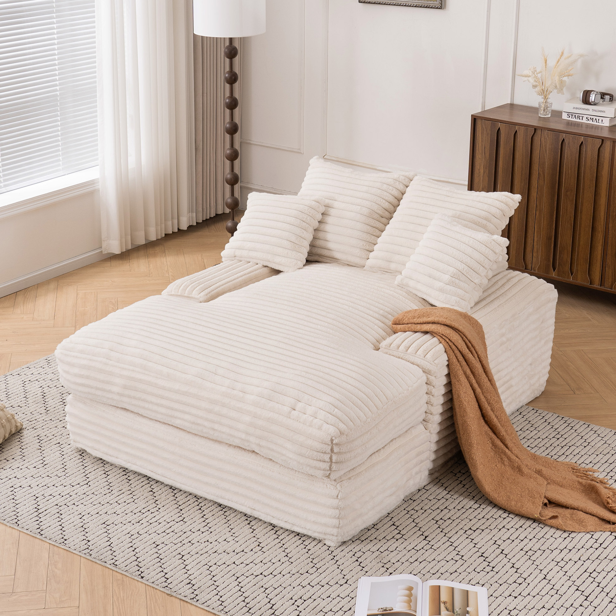 Méridienne En Velours Côtelé Beige 165 X 135 X 58 Cm, Sans Montage, 4 Coussins, Redom