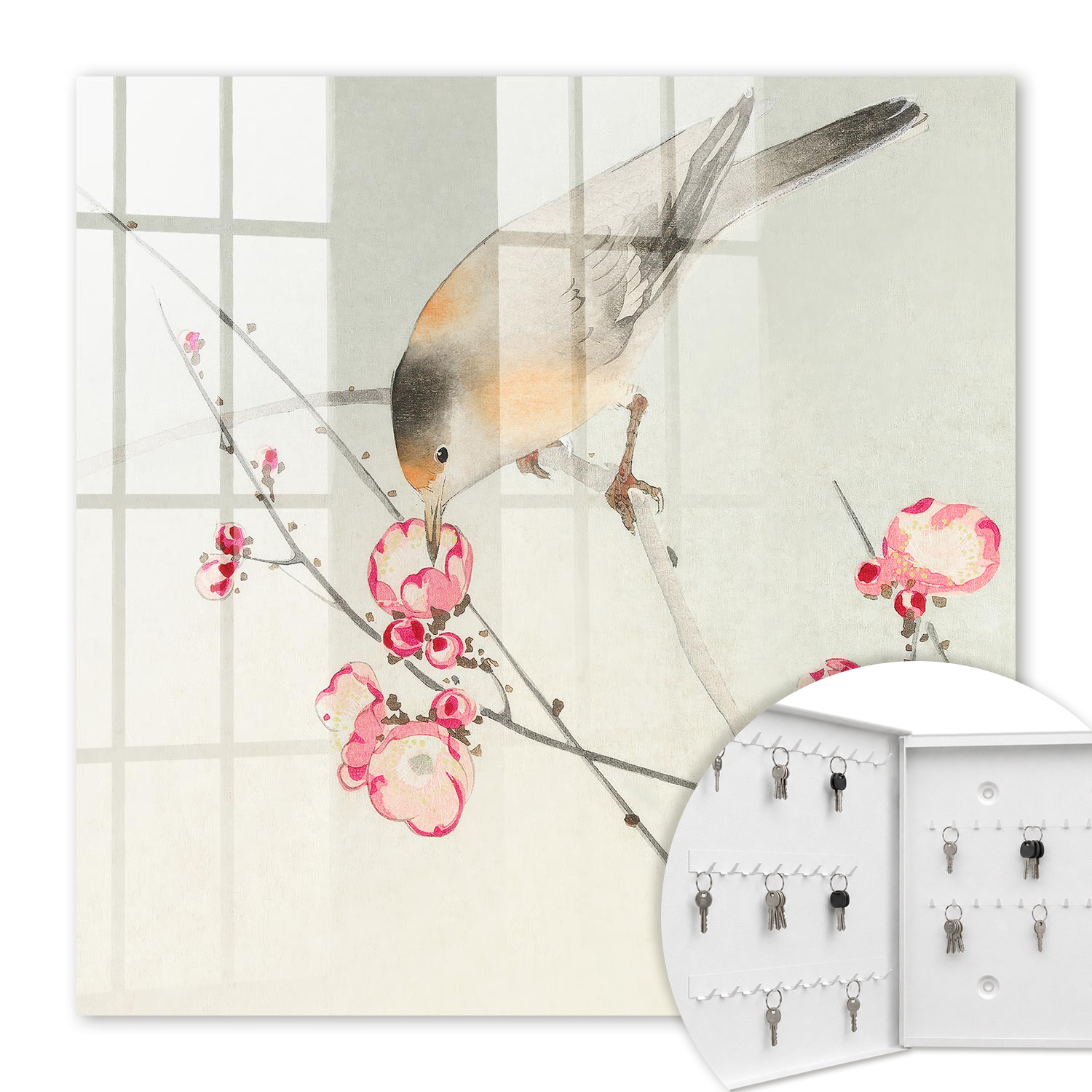 Armoire À Clés - (30 Cm X 30 Cm) - Boîte À Clés Murale - Coffret De Rangement Pour Clés - Couleur Blanche - Ouverture Vers La Gauche - Pour Maison Et Bureau - Fleurs D'Oiseaux