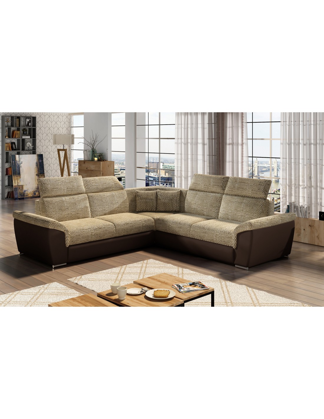 Canapé D'Angle Frederico Beige Convertible 5 Places 266x266cm