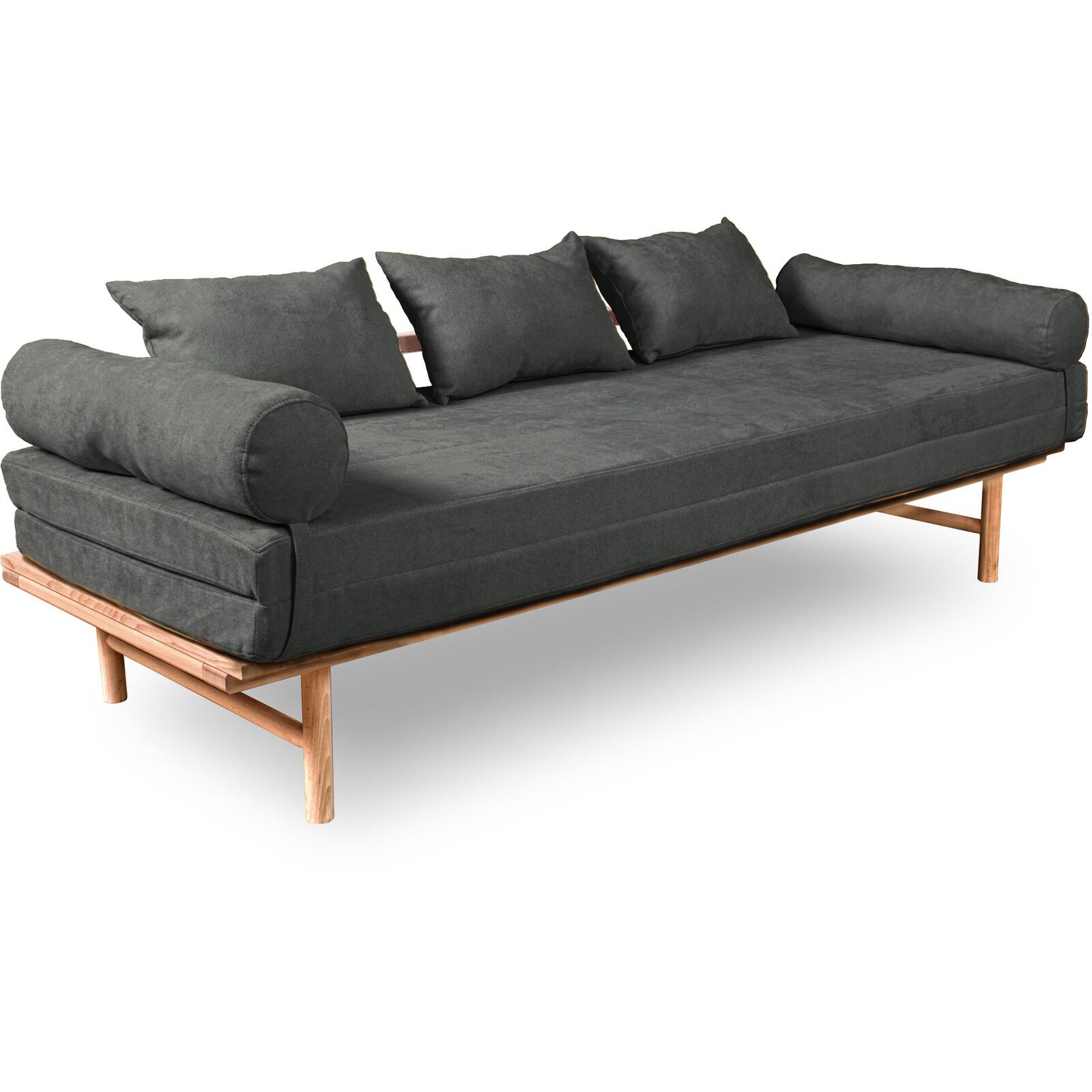 Canapé Lit Convertible Design En Tissu Beige Et Bois - 140 X 200 Cm - Bois Clair Et Beige