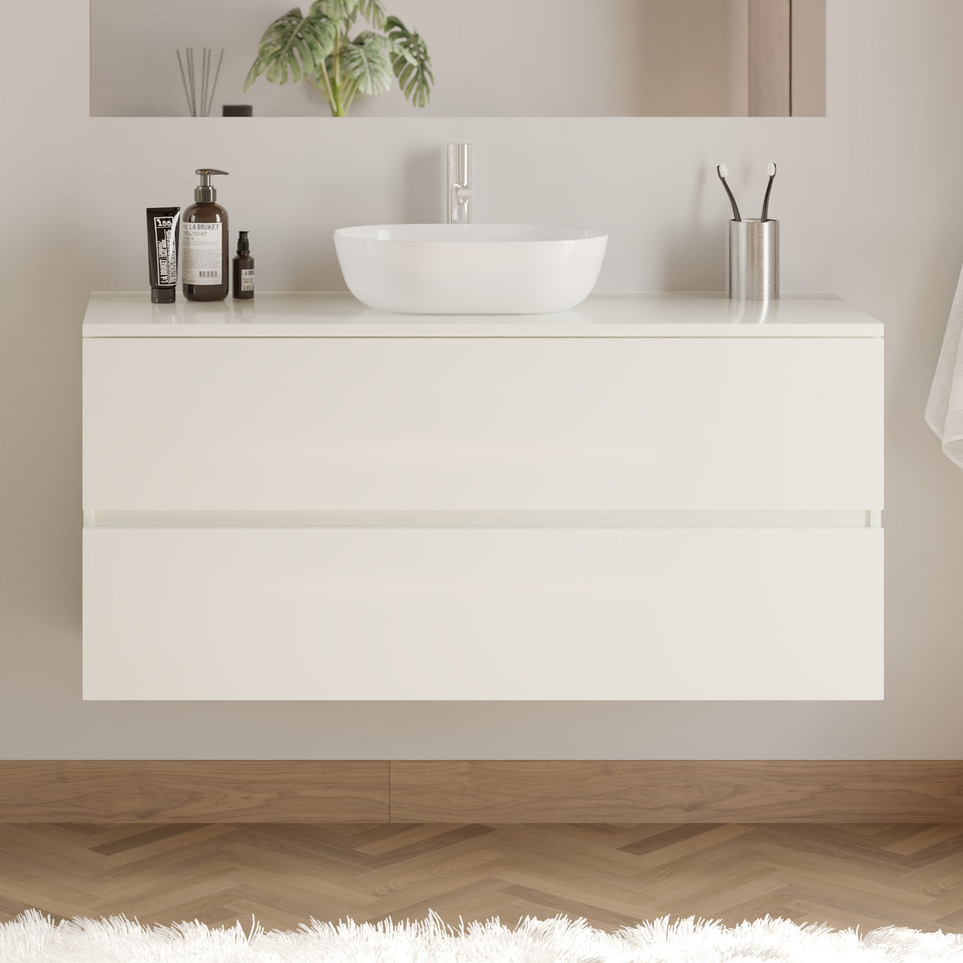 Meuble De Salle De Bain 120cm Avec Plateau Et Vasque À Poser Arrondie - 2 Tiroirs - Sans Miroir - Blanc Brillant - Ida