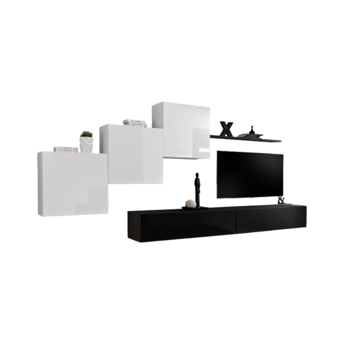 Meublorama - Ensemble Meuble Salon Mural Switch X Design, Coloris Noir Et Blanc Brillant.