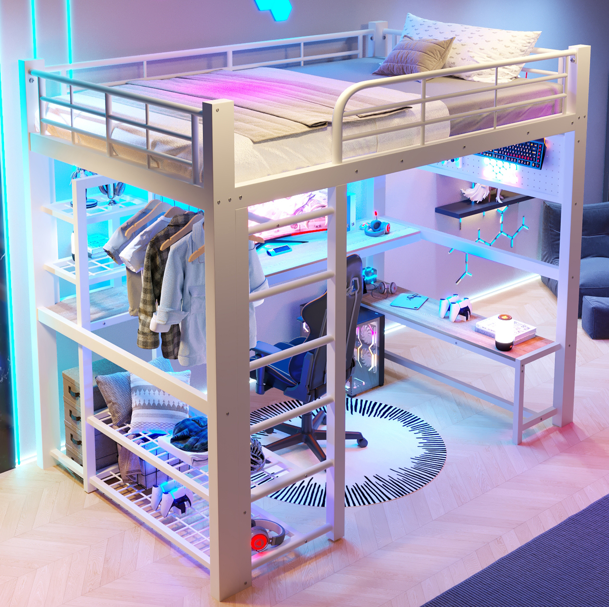 Lit Mezzanine 140x200 Cm En Métal Blanc Avec Bureau, Led, Rangements Et Échelle Redom