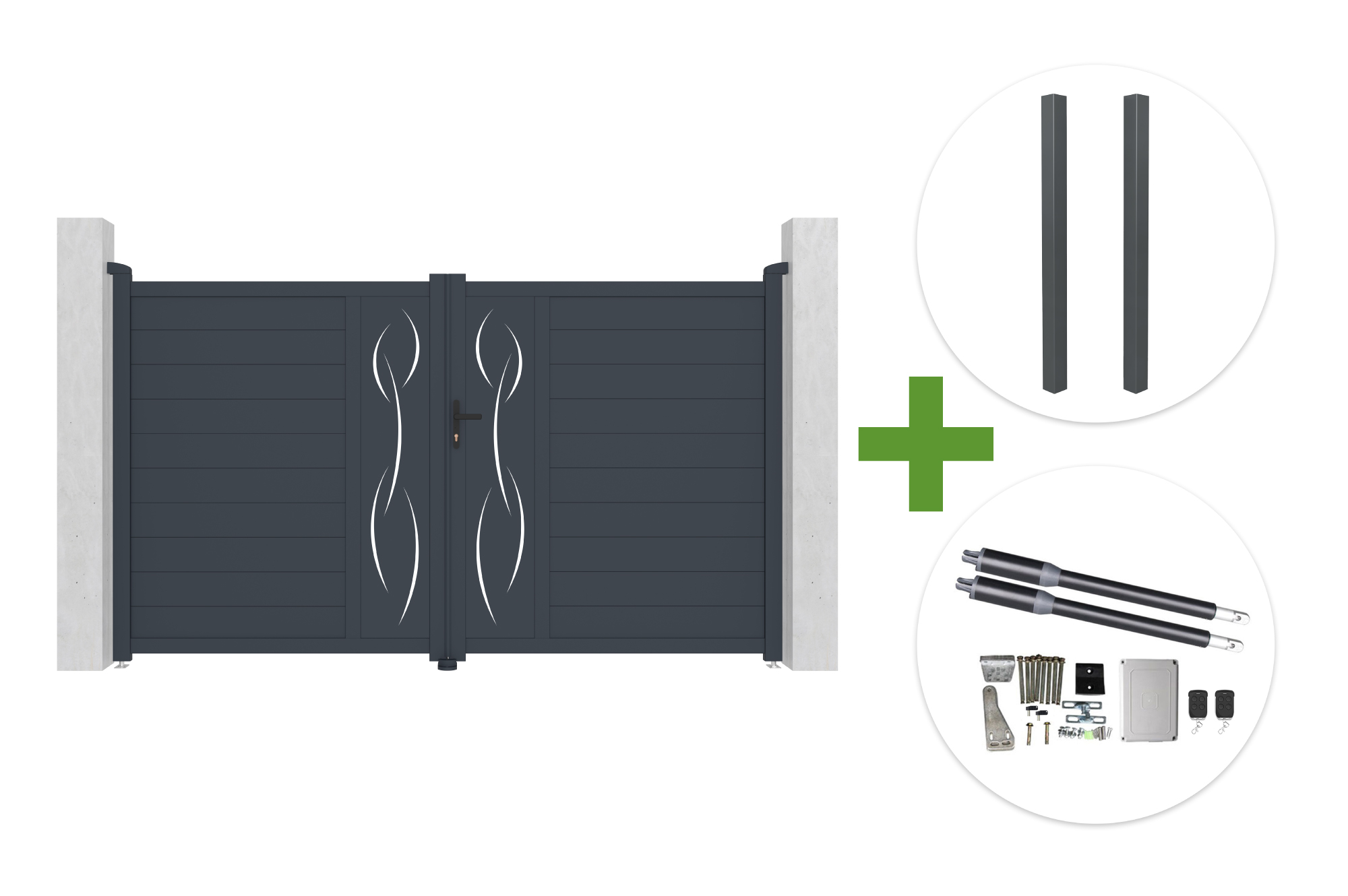 Portail Battant 3m Life H.180cm Aluminium Gris + 2 Poteaux Elda + Motorisation Ranger B150