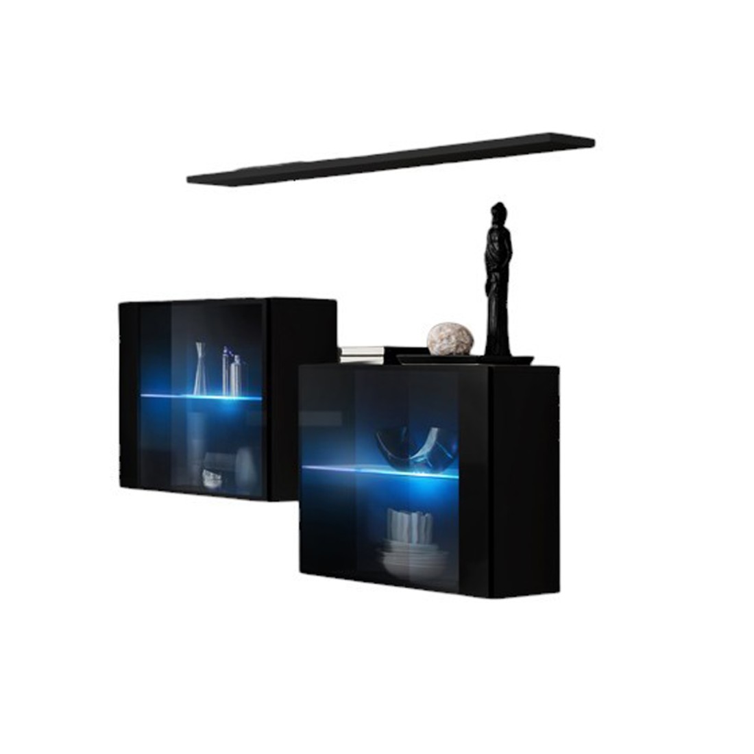 Meublorama - Ensemble Meubles De Salon Switch Sbiii - Design Moderne - Noir Brillant - Portes Vitrées Avec Led Intégrée