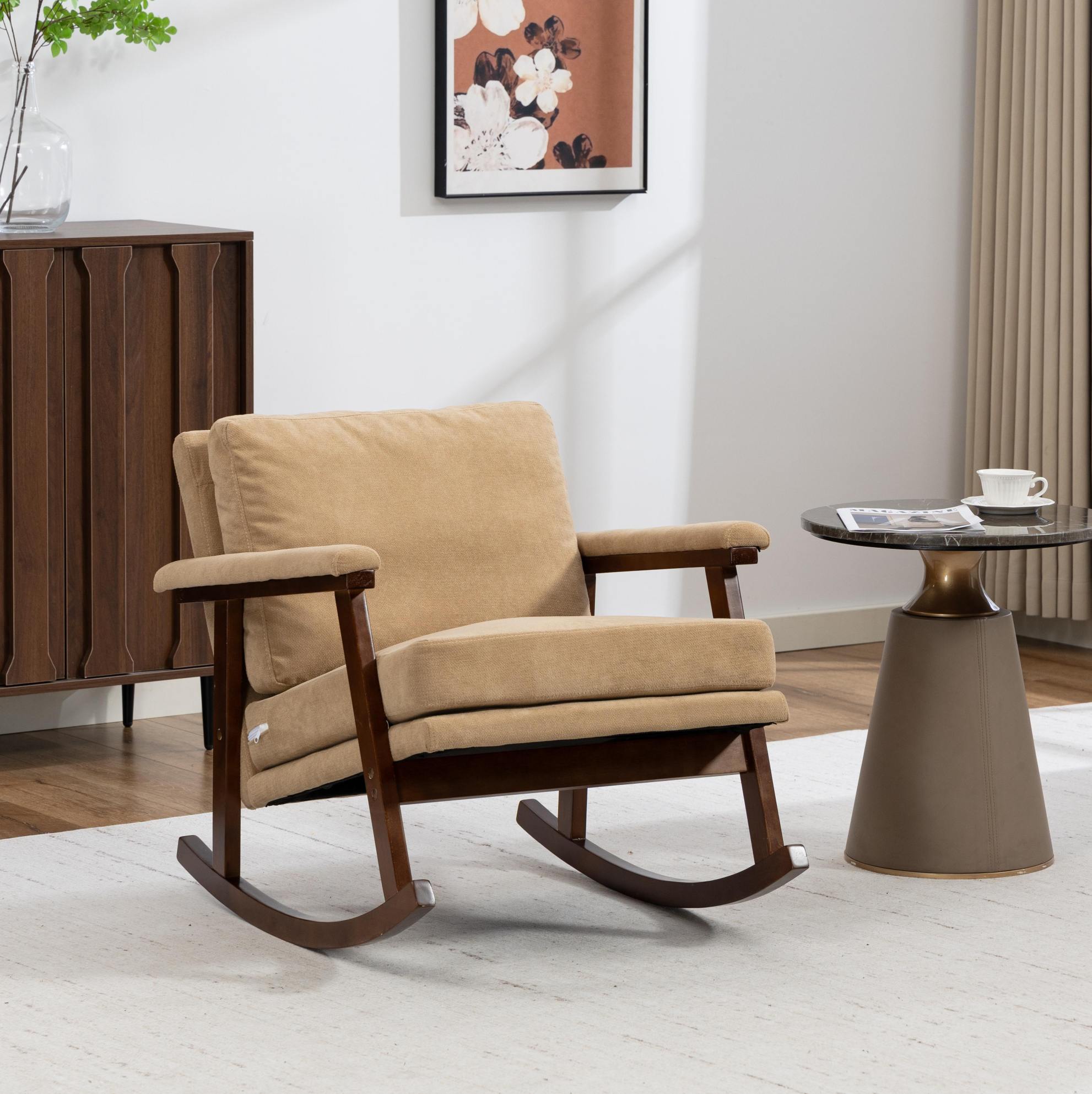 Fauteuil À Bascule Mid-century En Velours, Structure Bois, Beige Clair, Coussin Lombaire, Redom