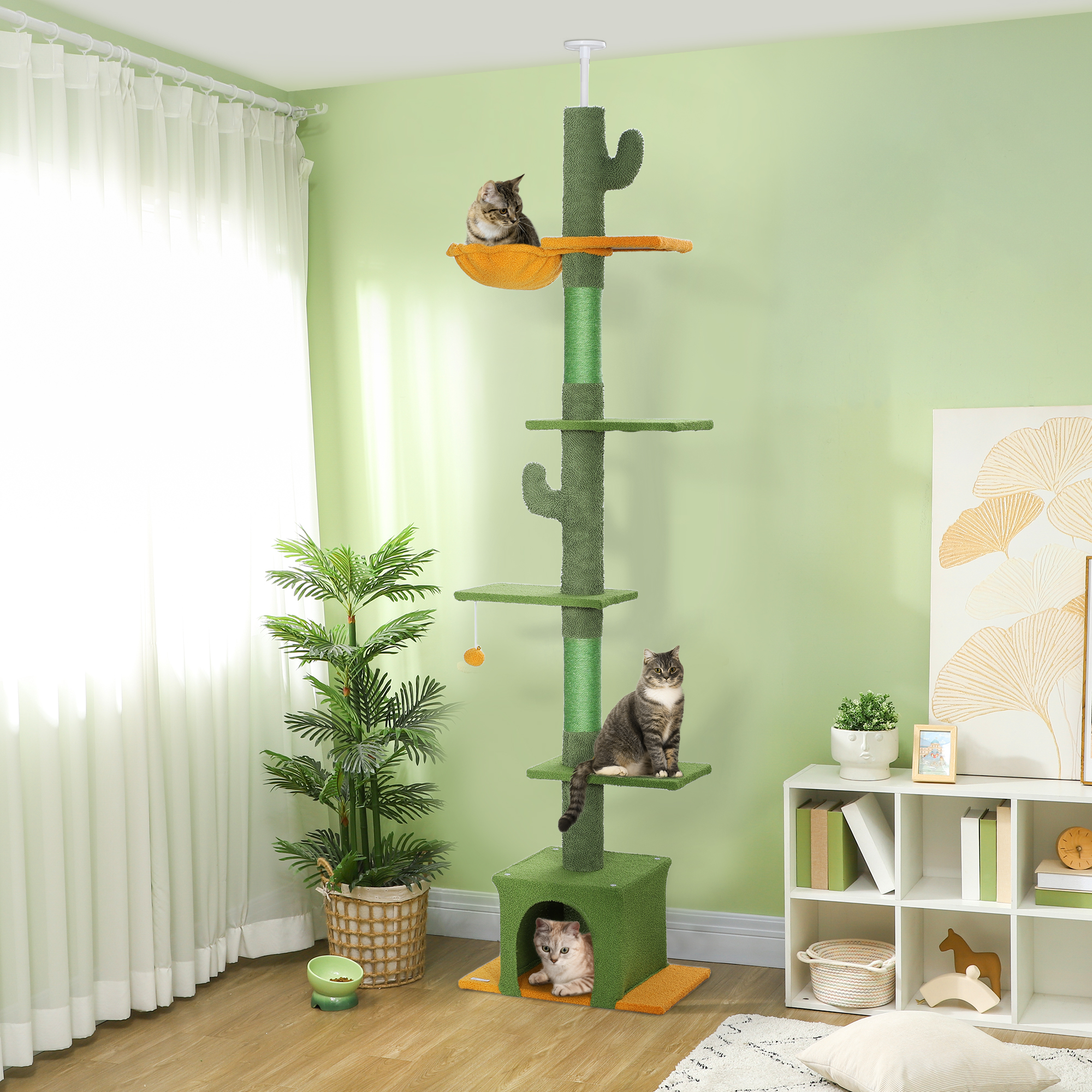 Arbre À Chat Plafond Réglable 230-275 Cm Avec Niche, Hamac, Plateformes Et Anti-basculement Vert