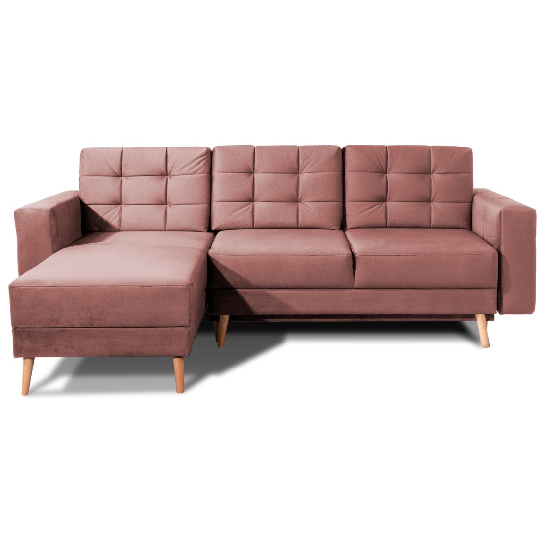 Canapé D'Angle Convertible Hasgard 3 Places Rose 248x162 Cm - Coffre Et Pieds Bois
