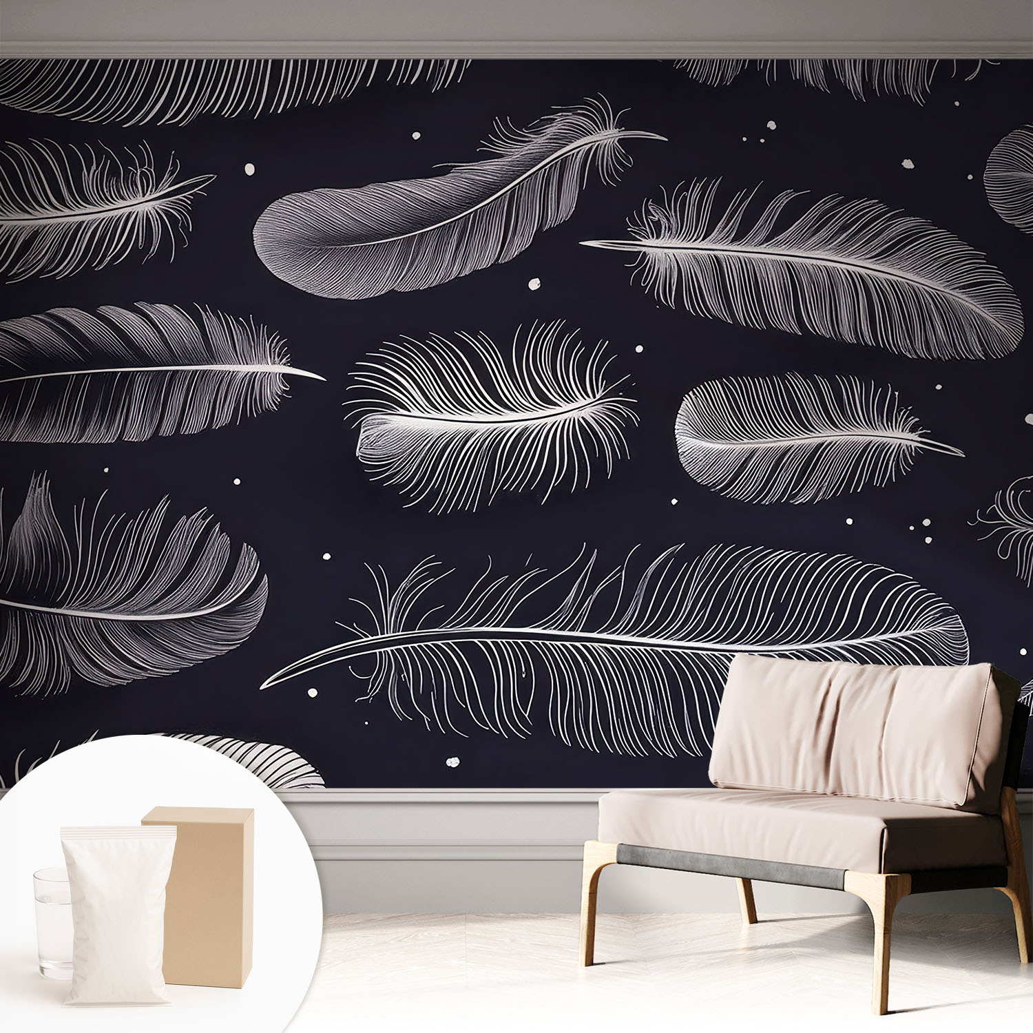 Papier Peint Intissé Décoratif Pour Chambre Et Salon Design Moderne À Poser Facilement - Colle Incluse Gratuite Plumes Subtiles 312x219 Cm